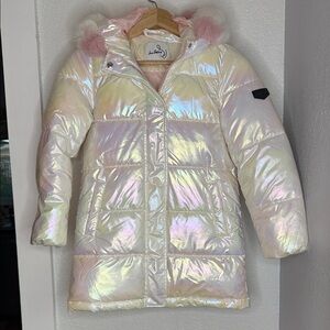 Sam Edelman Iridescent Puffer Coat Faux Fur Hood Pastel Winter Jacket Unicorn
